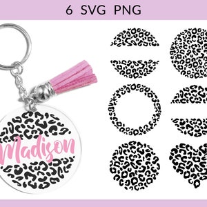 May include: A set of six black and white leopard print SVG and PNG files. The files include a circle, a heart, a wreath, a half circle, and a keychain with a pink tassel. The keychain has the name "Madison" written in pink on it.