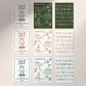 May include: A collection of invitation cards with a camping theme. Each card features a bonfire and champagne glasses illustration, with text that reads "CAMP BACH" and "Weekend Details". The color scheme includes green, red, and white.