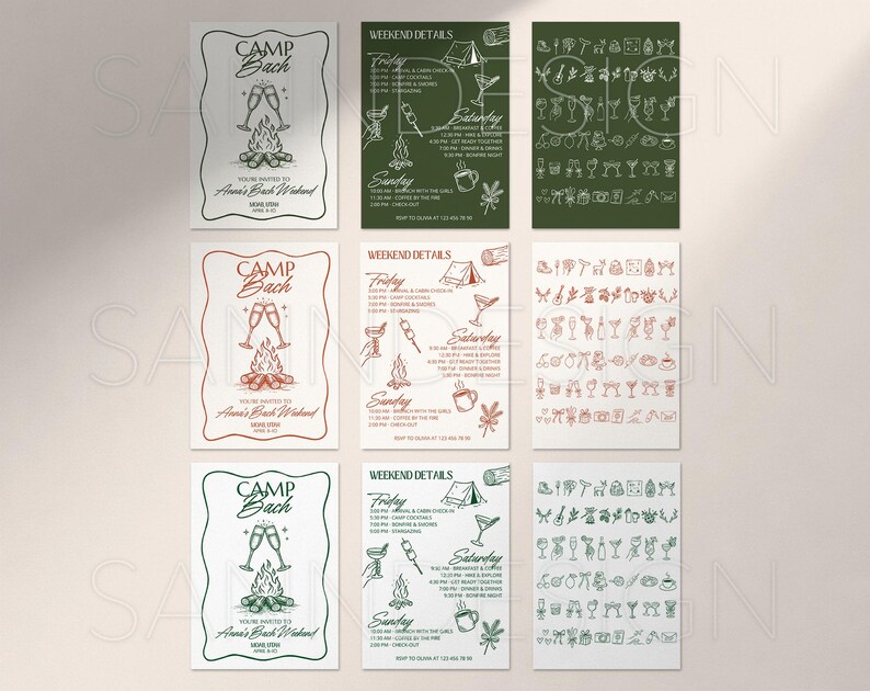 May include: A collection of invitation cards with a camping theme. Each card features a bonfire and champagne glasses illustration, with text that reads "CAMP BACH" and "Weekend Details". The color scheme includes green, red, and white.