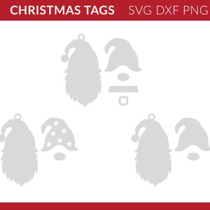 May include: Four different designs for Christmas ornaments featuring gnomes. The ornaments are gray and white and have a variety of hats, including a hat with stars.