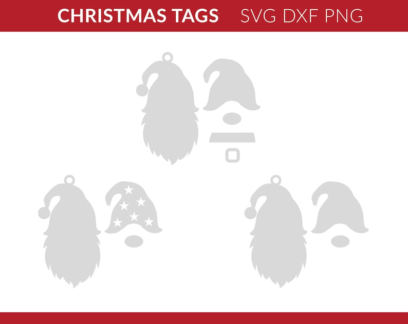 May include: Four different designs for Christmas ornaments featuring gnomes. The ornaments are gray and white and have a variety of hats, including a hat with stars.