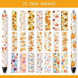 Op de afbeelding: 21 bedrukbare penomslagen met herfstthema's. De ontwerpen omvatten pompoenen, zonnebloemen, bladeren en takken in tinten oranje, geel, bruin en groen.