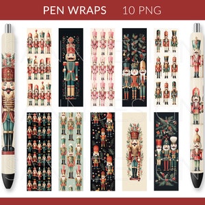 May include: Ten digital printable designs for pen wraps featuring a nutcracker theme. The designs include a variety of nutcracker characters, including soldiers, dancers, and musicians. The designs are in a vintage style and feature a variety of colors, including red, green, gold, and blue.