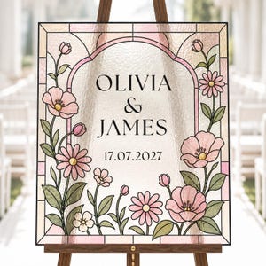 Modelo de placa de boas-vindas para casamento com efeito vitral, editável no Canva, placa personalizada com sobrenome e motivos florais, para imprimir.