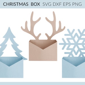 Christmas Box svg, Gift Box svg, Christmas Box Template, Christmas Paper Box svg, Christmas Tree Reindeer Snowflake Box Gift Box svg dxf png