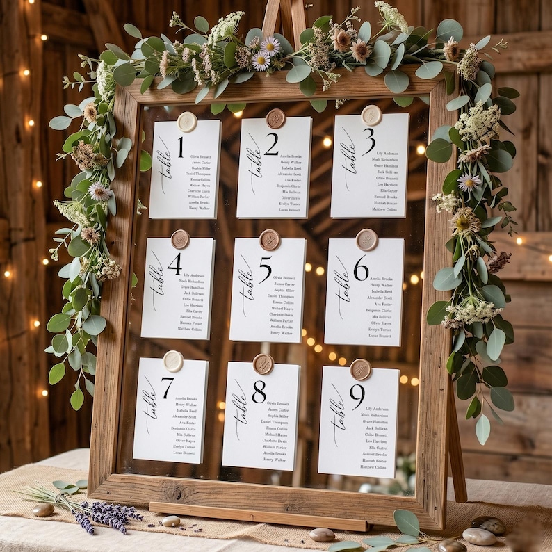 May include: A wooden framed seating chart with nine numbered cards, each listing names and sealed with a wax stamp. The frame is decorated with greenery and flowers, perfect for a wedding or event.