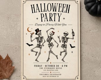Halloween Party Invitation Template, Skeleton Halloween Invite, Editable Canva Invitation, Vintage Spooky Party Invite