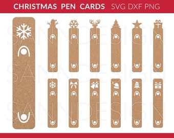 Op de afbeelding: Set van 12 printbare kerstkaartjes met pen, met verschillende kerstsymbolen, waaronder sneeuwvlokken, rendieren, kerstboom, sterren en cadeaudozen. De kaartjes zijn ontworpen om te gebruiken met een pen om gepersonaliseerde kerstgroeten te maken.