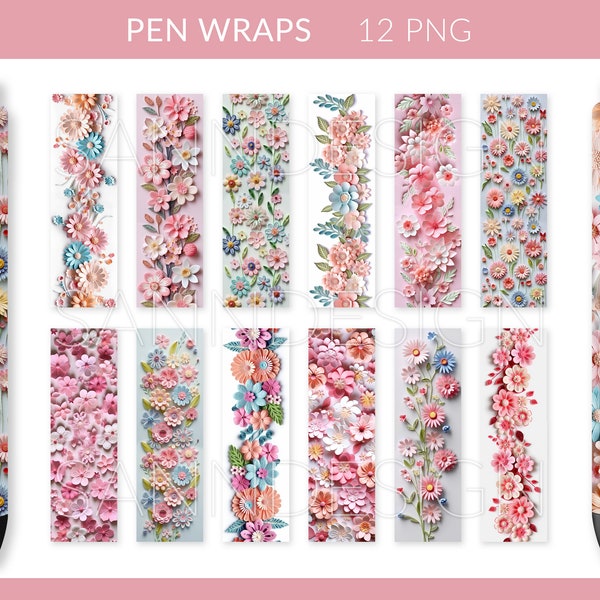 Enveloppes de stylo floral 3D, enveloppe de stylo de fleurs brodées 3D, png thumbnail, ensemble d'enveloppes de stylo de fleurs 3D png