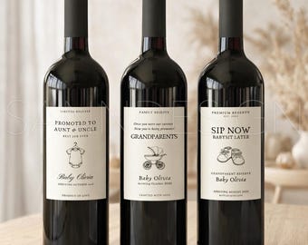 Editable Pregnancy Announcement Wine Label Bundle, Grandparents Aunt Uncle Baby Reveal, Custom Bottle Label Canva Template, Digital Download