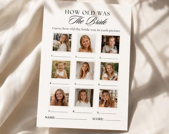 How Old Was The Bride Game Template, Bridal Shower Photo Guessing Game, Editable Canva Wedding Game, Minimalist Bride Age Game