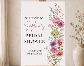 Bridal Shower Welcome Sign, Editable Canva Template, Wildflower Floral Welcome Poster, Printable Bridal Shower Sign, Instant Download