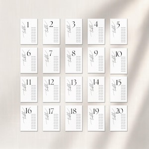 May include: Twenty white table number cards with black calligraphy font. Each card has a number from 1 to 20, the word "table", and space for guest names. Ideal for weddings, parties, and events.