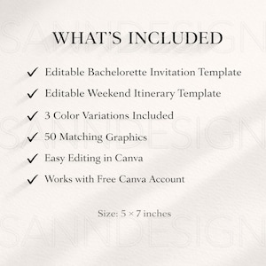 May include: A cream-colored digital design template with the text "WHAT'S INCLUDED" at the top. The template includes an editable bachelorette invitation, weekend itinerary, 3 color variations, 50 graphics, and easy editing in Canva. The size is 5 x 7 inches.