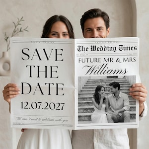 May include: A couple holds a newspaper-style announcement. The left side reads "SAVE THE DATE" with the date "12.07.2027". The right side is titled "The Wedding Times" and features a photo of the couple. The announcement is for a wedding.