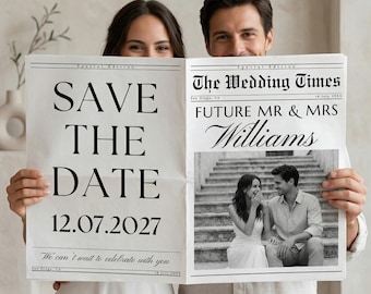 Save the Date - Modello di giornale per matrimonio, Modello Canva per giornale di nozze, Annuncio di matrimonio stampabile, Futuri Signori e Signora modificabile