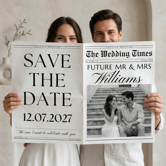 Save The Date Newspaper Template, Wedding Newspaper Canva Template, Printable Wedding Announcement, Future Mr and Mrs Editable