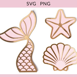 Cola de sirena svg, Estrella de mar de concha de sirena png, cumpleañera de sirena, capas de sirena, topper de pastel de cola de sirena