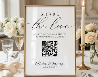 Share The Love QR Code Wedding Sign, Wedding Photo Sharing Card, Snap and Share Photo Sign, Printable QR Code Template, Canva Editable