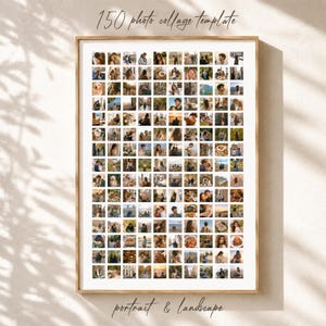 May include: A rectangular photo collage template featuring 150 small square image slots arranged in a grid. The text 150 photo collage template is printed at the top, and the text portrait & landscape is printed at the bottom of the frame.