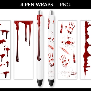 May include: Four printable pen wraps featuring a bloody handprint, dripping blood, and a bloody handprint with splatters.  The pen wraps are designed for use with standard-sized pens.  4 PEN WRAPS PNG
