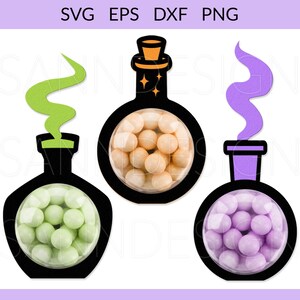 May include: Three black and white potion bottle favour boxes with a round opening for sweets. The bottles have a green, purple, and orange smoke effect coming from the top.