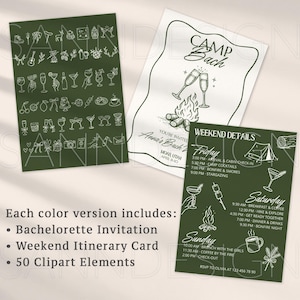 May include: A set of green and white bachelorette party stationery. Includes a bachelorette invitation, weekend itinerary card, and 50 clipart elements. The invitation features champagne glasses and a campfire. The itinerary lists activities like stargazing and bonfire night.