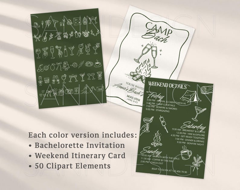 May include: A set of green and white bachelorette party stationery. Includes a bachelorette invitation, weekend itinerary card, and 50 clipart elements. The invitation features champagne glasses and a campfire. The itinerary lists activities like stargazing and bonfire night.