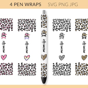 May include: Four printable pen wraps featuring a leopard print pattern with pink, gold, and black accents. Each wrap includes the text "mom life" and a heart design.