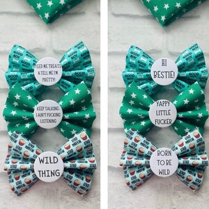 May include: Four bow ties with different patterns and sayings. The first bow tie is green with white stars and says "Feed me treats & tell me I'm pretty!" The second bow tie is green with white stars and says "Keep talking - I ain't fucking listening". The third bow tie is blue with white muffin prints and says "Wild thing". The fourth bow tie is blue with white muffin prints and says "Born to be wild".
