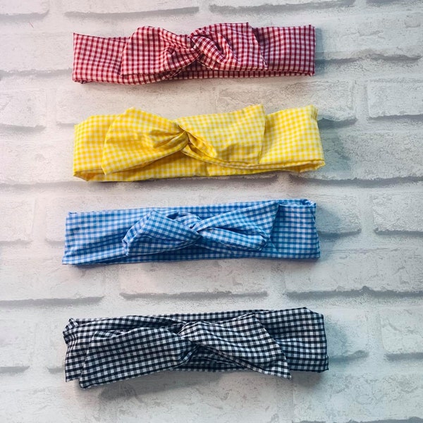 Diadema con cable Gingham Print hecha a mano / accesorio para el cabello / banda para la cabeza de la escuela / azul cielo, amarillo, rojo y negro a cuadros / Tela de origen local /