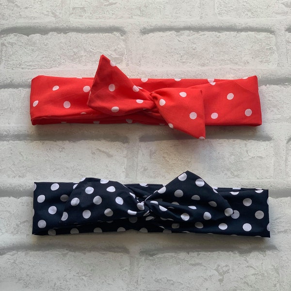 50's inspired Navy / Red with White cotton print Polka dot wired headband/spotted hair bun wrap /Locally sourced fabric/retro/pin up/spotty
