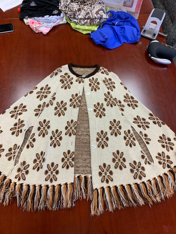 1970s Red Wool Shawl Knit Cape Pom Pom Poncho Wrap
