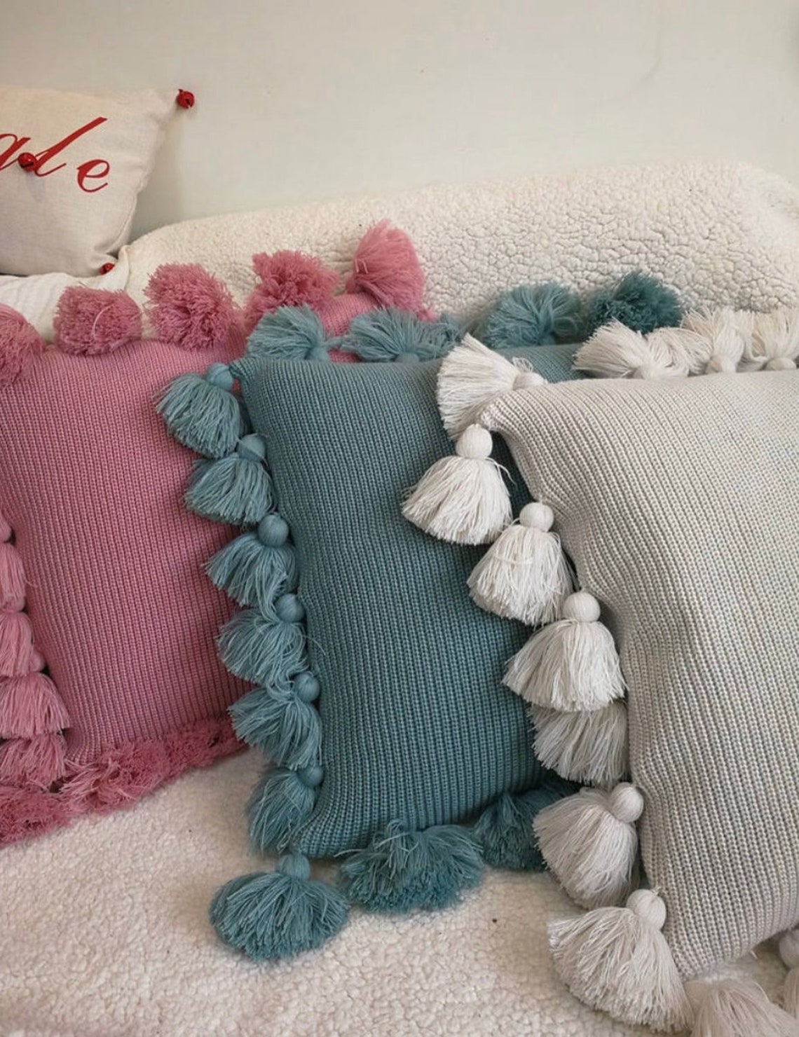 Boho Tassel Knitted Throw Pillow Covers 18 x 18 Beige Pink Etsy
