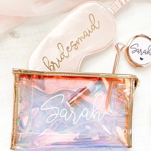 Personalized Iridescent Makeup Bag with Name, Bridesmaid, Maid of Honor, Bride Cosmetic Bag, Wedding Party Gift Birthday Gift, Gifts for Her