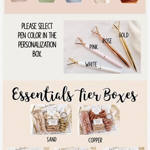 May include: A set of bridesmaid gift boxes with different color themes: dusty blue, blush, sage, sand, and copper. Each box includes a tumbler, scrunchie, and other accessories. The boxes are labeled with the color theme and the text "Maid of Honor".
