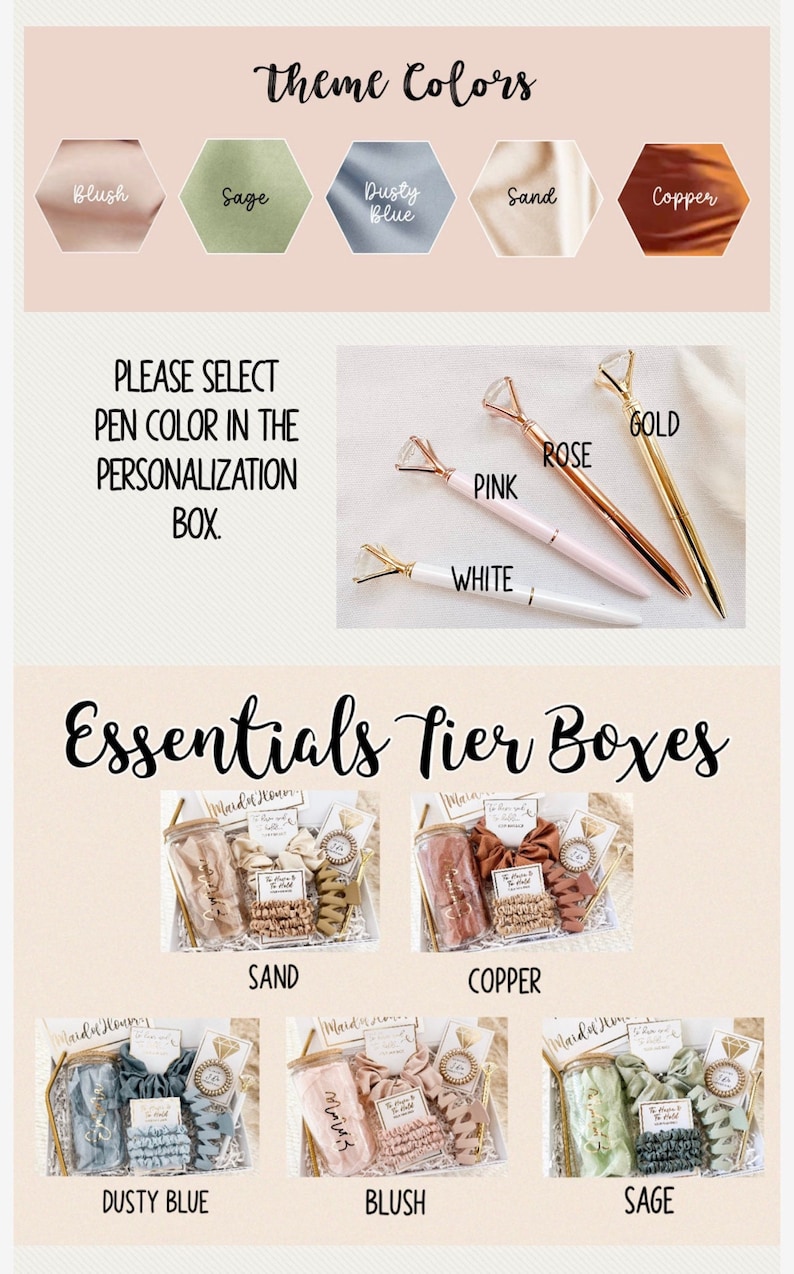 May include: A set of bridesmaid gift boxes with different color themes: dusty blue, blush, sage, sand, and copper. Each box includes a tumbler, scrunchie, and other accessories. The boxes are labeled with the color theme and the text "Maid of Honor".