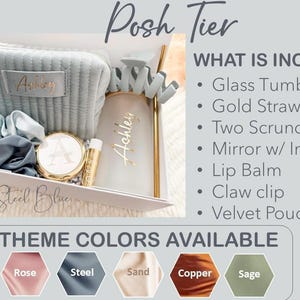 May include: A gift set in a white box includes a light blue pouch, scrunchies, a mirror, lip balm, and a glass tumbler with a gold straw. The set is labelled "Posh Tier" and "Posh in Steel Blue."