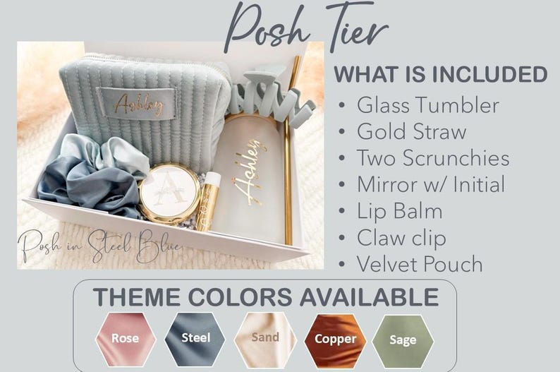 May include: A gift set in a white box includes a light blue pouch, scrunchies, a mirror, lip balm, and a glass tumbler with a gold straw. The set is labelled "Posh Tier" and "Posh in Steel Blue."