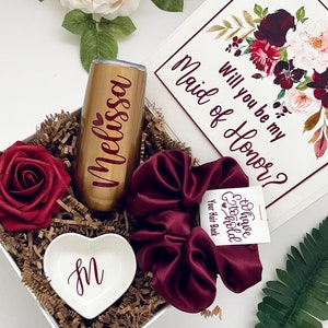 BURGUNDY Will You Be My Bridesmaid Proposal Box Set, Personalized Bridesmaid Gift Box Set, Matron of Honor, Maid of Honor, Champagne Flute