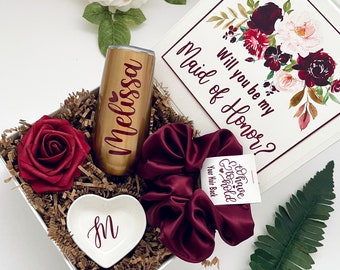 BURGUNDY Will You Be My Bridesmaid Proposal Box Set, Personalized Bridesmaid Gift Box Set, Matron of Honor, Maid of Honor, Champagne Flute