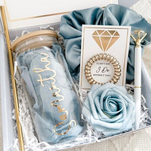 Gold Will You Be My Bridesmaid Proposal Box Set, Personalized Bridesmaid Gift Box Set Matron, Maid of Honor Glass Tumbler BLUE SAGE BLUSH