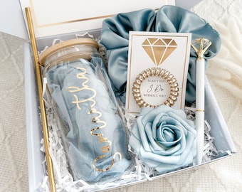 Gold Will You Be My Bridesmaid Proposal Box Set, Personalized Bridesmaid Gift Box Set Matron, Maid of Honor Glass Tumbler BLUE SAGE BLUSH