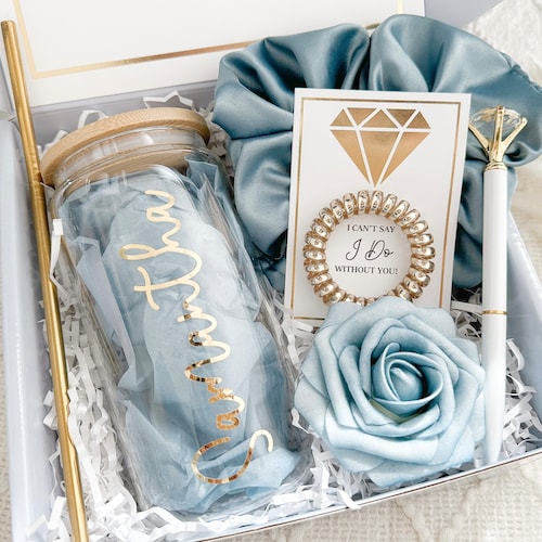 Gold Will You Be My Bridesmaid Proposal Box Set, Personalized Bridesmaid Gift Box Set Matron, Maid of Honor Glass Tumbler BLUE SAGE BLUSH