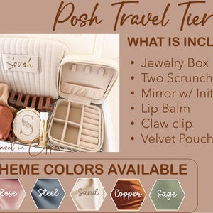 May include: A beige travel jewelry set with a jewelry box, scrunchies, mirror, lip balm, claw clip, and velvet pouch. The set includes theme colours: Rose, Steel, Sand, Copper, and Sage. Text on the image reads "Posh Travel Tier."