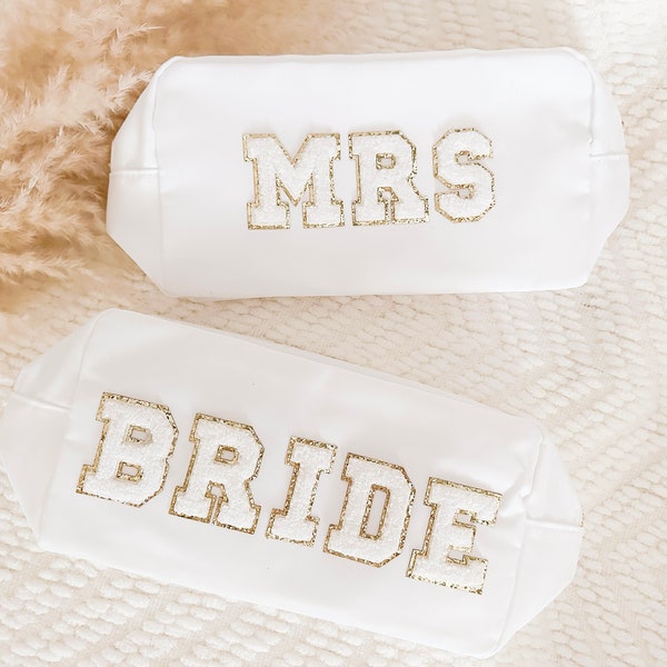 XL Mrs Bride Nylon Cosmetic Bag, Bride to be wedding Gift, Nylon Pouch with Patches, Travel Pouch Monogrammed