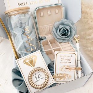 Gold Will You Be My Bridesmaid Proposal Box Set, Personalized Bridesmaid Gift Box Set Matron, Maid of Honor Glass Tumbler BLUE SAGE BLUSH