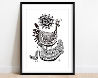 Chicken Family Printable Wall Art, Familia De Pollos Art Print Home Decor, Art Instant Download, Black and White Mexican Folk Art Decor