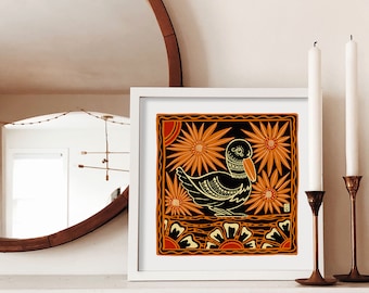 Mexican Folk Art Duck Print, Modern Colorful Folk Illustration Printable Wall Art Eclectic Art Print Instant Download Home Decor Square Art