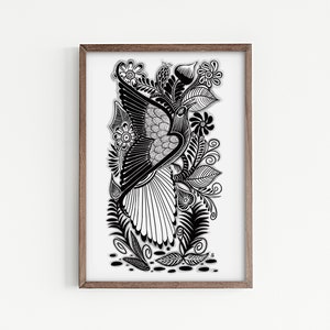 May include: Black and white line art print of a bird with intricate floral designs. The bird is surrounded by leaves and flowers, creating a whimsical and organic pattern.